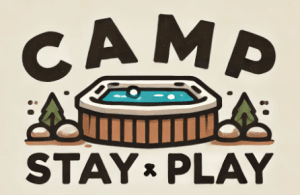 Camp Stay Play logo featuring bold, evenly spaced text with a cartoonish hot tub in the center, surrounded by small nature elements like stones and pine trees.
