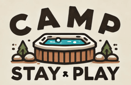 Camp Stay Play logo featuring bold, evenly spaced text with a cartoonish hot tub in the center, surrounded by small nature elements like stones and pine trees.