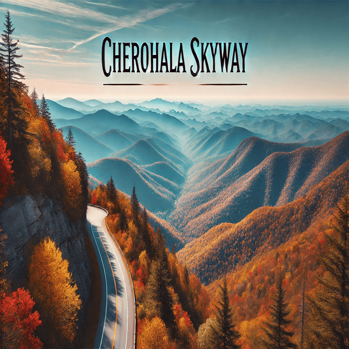 Wide-angle view of the Cherohala Skyway winding through colorful autumn foliage, with mountains stretching into the horizon. The text "Cherohala Skyway" appears at the top of the image, showcasing the scenic beauty of the region.