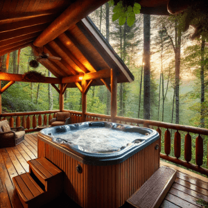 Private hot tub on rustic cabin deck